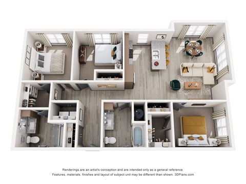 Floor plan for 3 beds, 2 baths, 1323 sqft